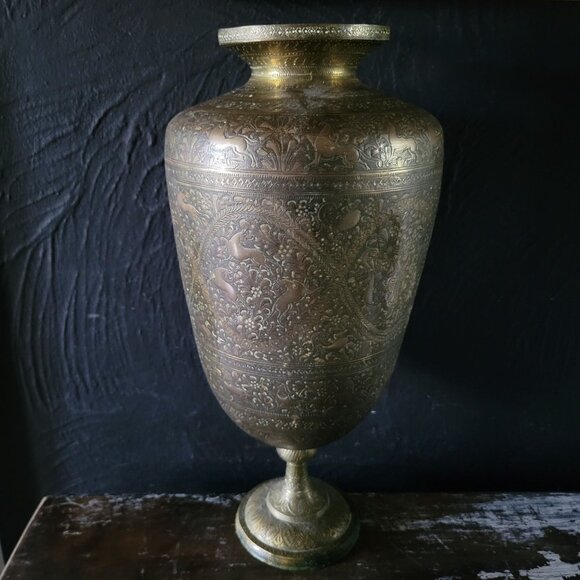 Vintage Large Brass Pedestal Vase Engraved and Chased with Animal Motif